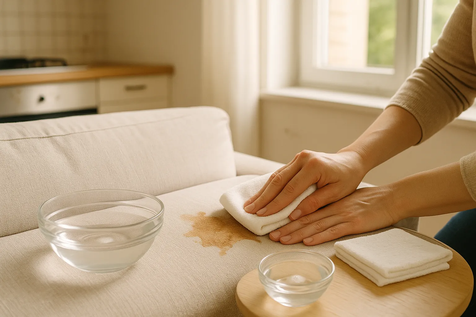 Pflege und Haltbarkeit – Flecken-ABC: tupfen statt reiben, schonende Reinigung von Kaffee, Fett und Insektenspuren Sanfte Fleckenentfernung im Haushalt: Hand tupft Kaffefleck auf Stoffsofa mit Mikrofasertuch, lauwarmes Wasser und mildes Spülmittel, offene Fensterlüftung