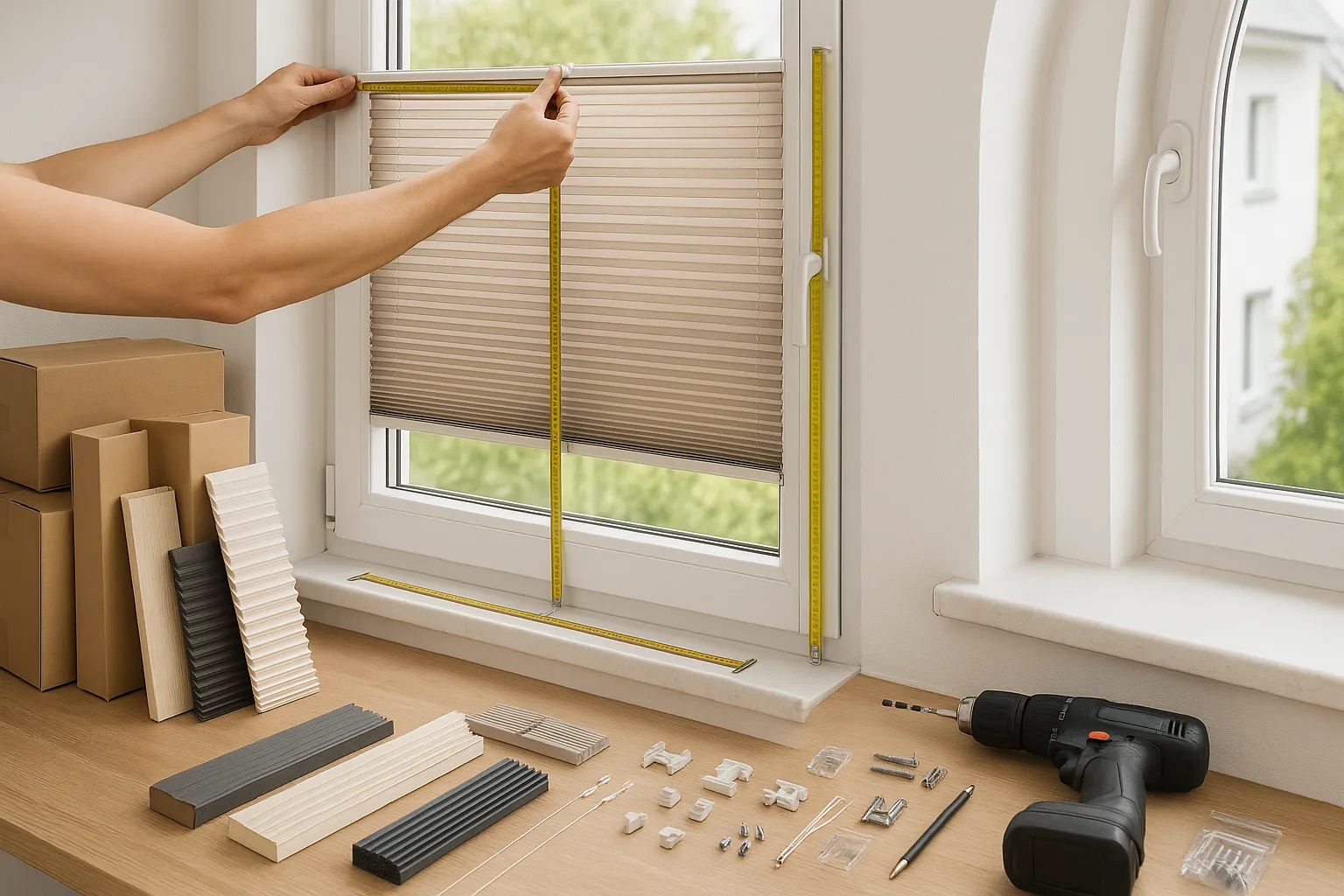 Plissee Angebote, Restposten und Rabattaktionen – Maßaufnahme und Montagezubehör Plissee Angebote und Restposten am Fenster mit Maßband-Messung oben, mittig und unten sowie Montagezubehör für Klemm-, Klebe- und Aufschraubmontage; Spannschuhe, Rahmenstärke, Glasfalz und Fenstergriff mit Bewegungsspielraum sichtbar