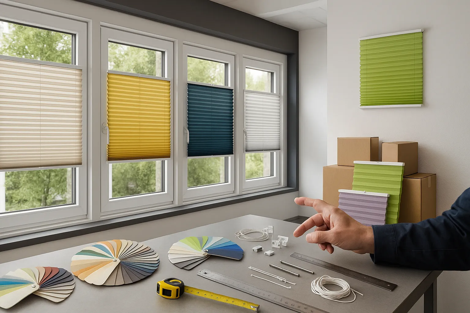 Plissee Angebote, Restposten und Rabattaktionen – Auswahl, Größenprüfung und Ersatzteile Plissee Angebote und Restposten im Fenster-Showroom mit vielfältigen Größen, Stoffqualitäten, Beschichtungen, Montagearten sowie Ersatzteilen wie Spannschuhen und Kordeln