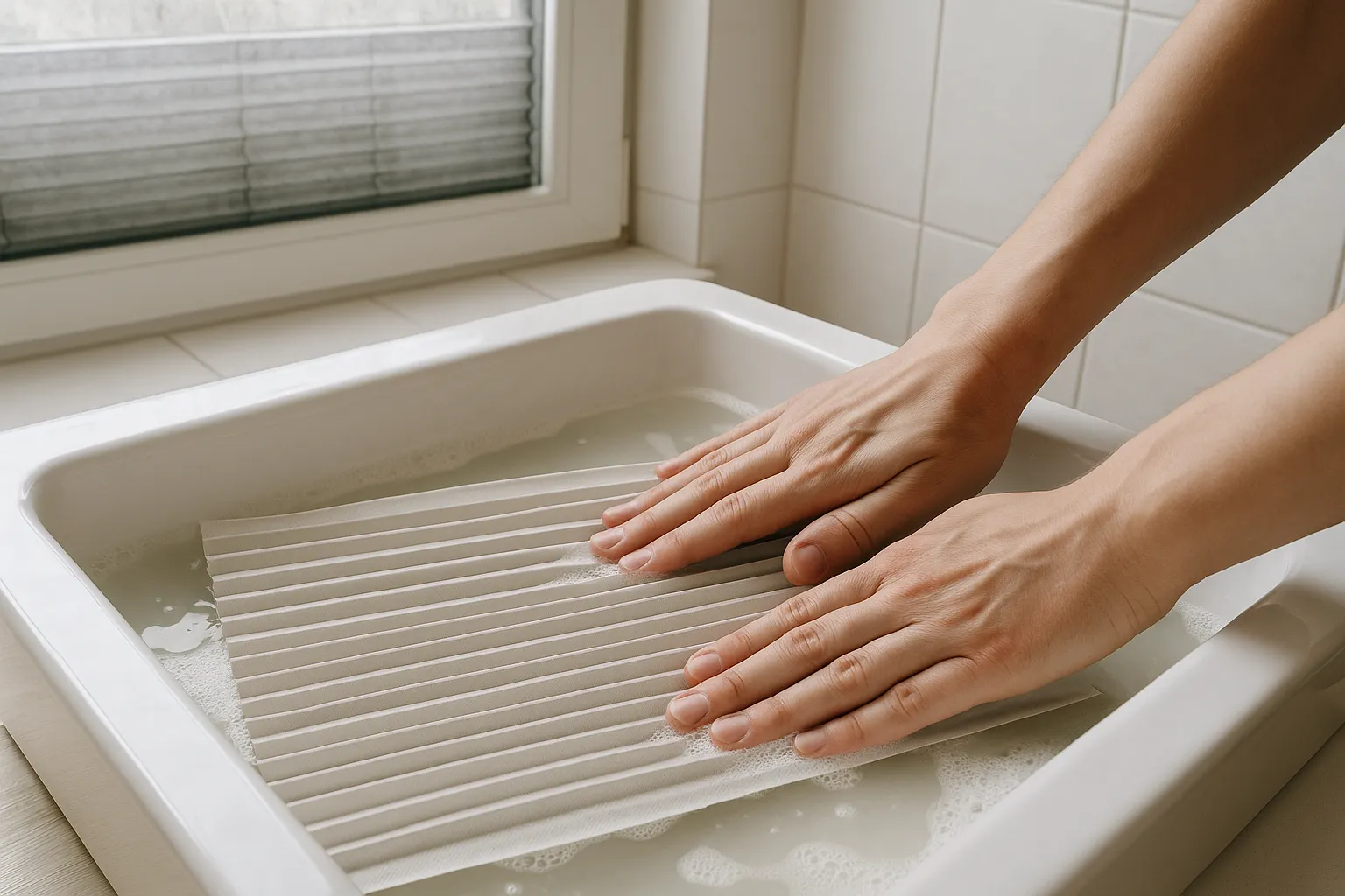 Plissee richtig reinigen: Handwäsche mit mildem Feinwaschmittel für längere Haltbarkeit Schonende Handwäsche eines geschlossenen Plissee-Rollos im Waschbecken mit lauwarmem Wasser und mildem Feinwaschmittel; Hände drücken Wasser sanft durch das Gewebe, dezenter Schaum, im Hintergrund Plissee geschlossen hochgezogen zum Abtropfen ohne direkte Sonne – Pflege für längere Haltbarkeit.