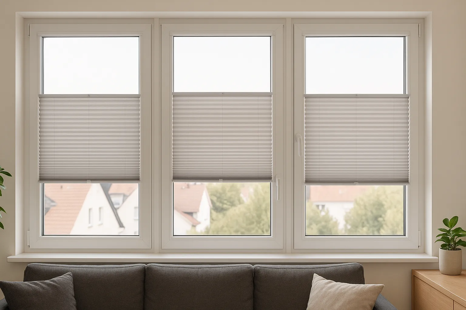 Plissee Standardgrößen richtig einsetzen – Montagearten Glasleiste, Klemmen und Kleben für verschiedene Fensterprofile Plissee Standardgrößen an Fenstern mit Glasleistenmontage, Klemmmontage und Klebemontage, kompatibel mit mehreren Systemen, weiße Rahmen mit schlanken Schienen, freie Bedienwege und saubere, spannungsfreie Justage