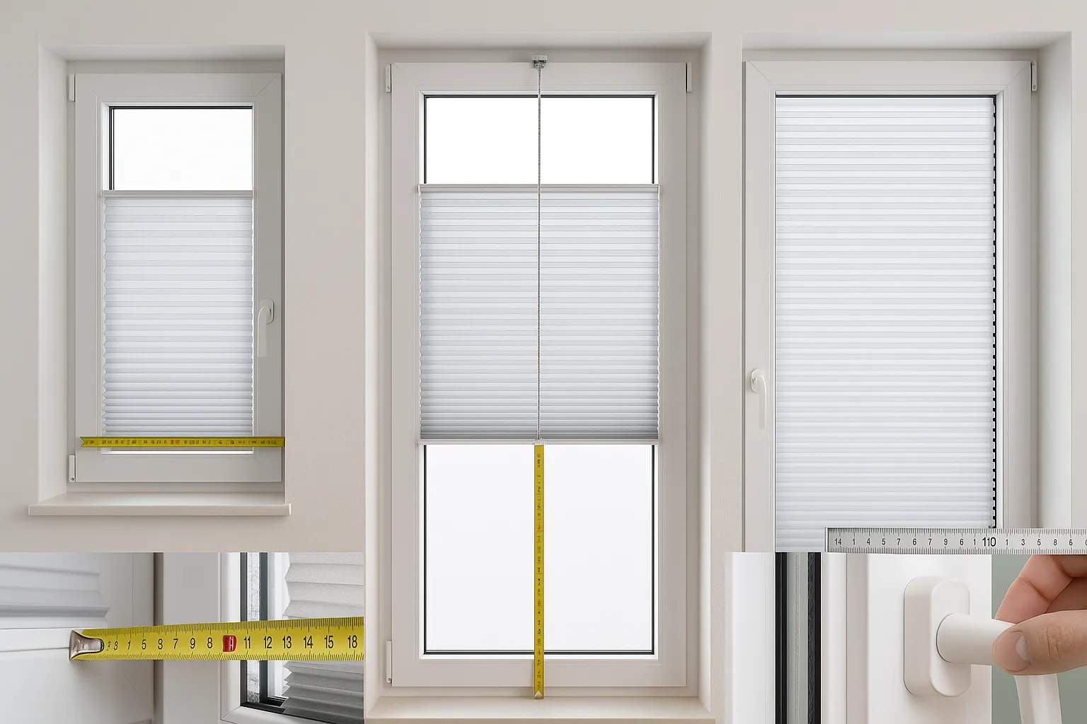 Plissee Standardmaße prüfen: lichte Breite, lichte Höhe und Tiefe für passende Montage und zuverlässige Bedienbarkeit Plissee in Standardgrößen am Fenster mit Messung von lichter Breite, lichter Höhe und Tiefe der Glasleiste, sichtbare Glasleistenmontage, Klemmmontage und präzise geführte Spannseile