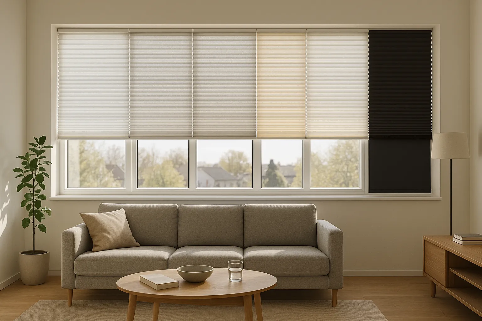 Plissee Stoffwahl und Lichtdurchlässigkeit – günstige Materialien und Beschichtungen im Vergleich Plissee Stoffwahl und Lichtdurchlässigkeit mit Polyester, Recyclingfasern, Trevira CS sowie perlmutt/reflex- und Thermo-Blackout-Beschichtung an einer Fensterfront; sichtbare Webstruktur und Faserfeinheit, helle Rückseite für bessere Reflexion, budgetfreundlicher Wohnraum
