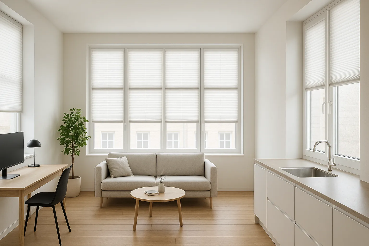 Standardgrößen als günstige Wahl für Plissees in Homeoffice, Küche und Wohnraum Plissees in Standardgrößen im Homeoffice, Wohnbereich und Küche, halbtransparente Standardgewebe, feuchtebeständige beschichtete Stoffe, schlanke Schienen, einheitliches Fenster-Raster, blendfreies Licht, zugängliche Fenstergriffe