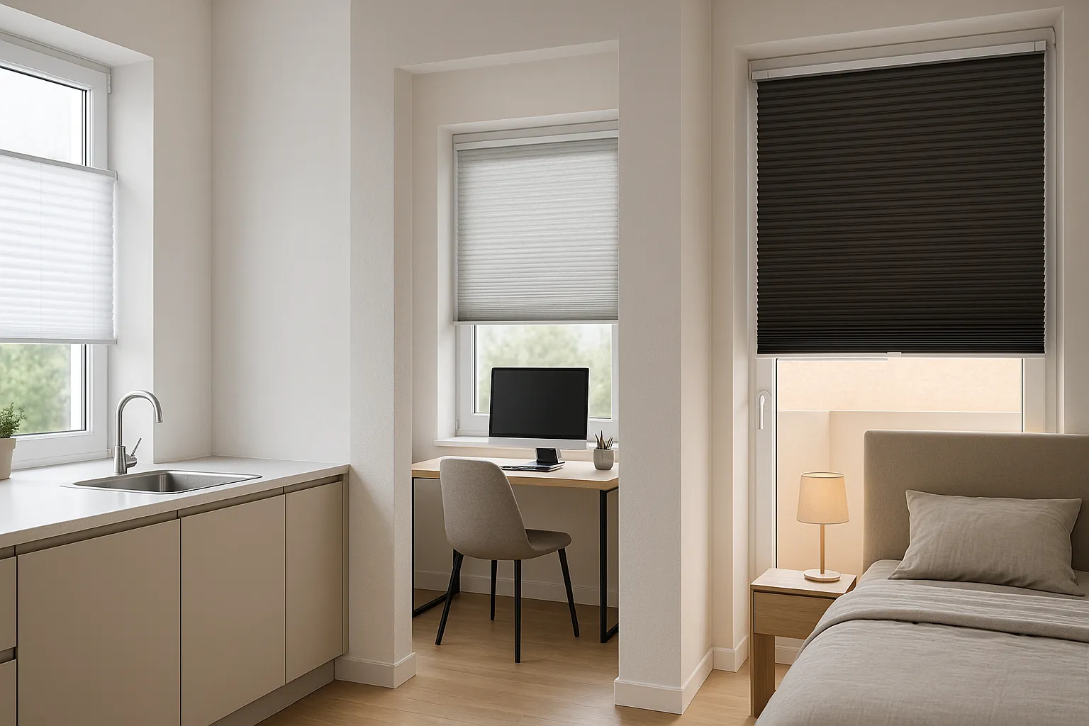 Plissees in neutralen Tönen in einem modernen Wohnzimmer