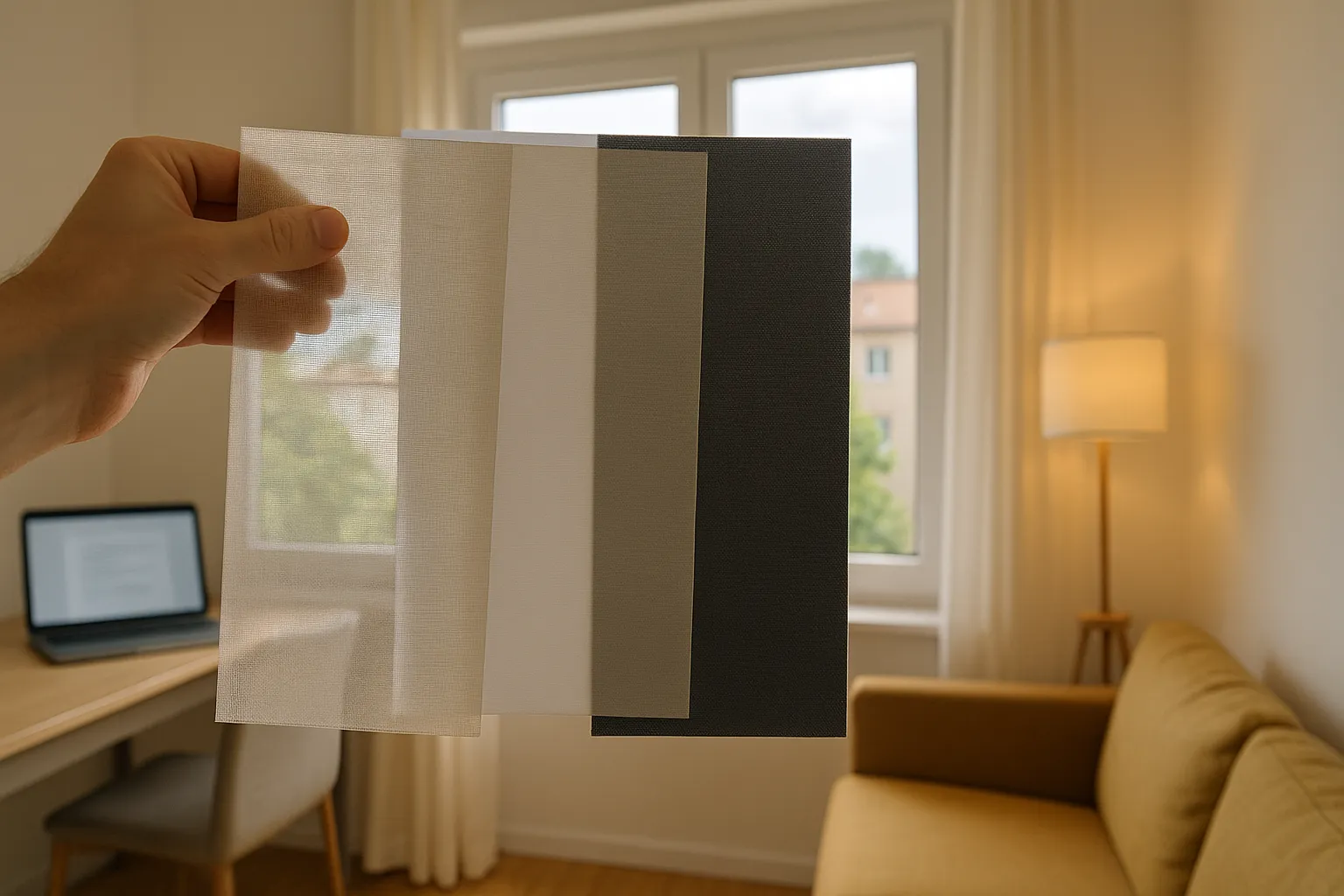 Stoffwahl und Lichtdurchlässigkeit prüfen: Transparenz, Privatsphäre, Farbtreue und Blendschutz im Wohnraum Stoffmuster vor einem Fenster zur Prüfung von Lichtdurchlässigkeit, Privatsphäre und Farbtreue mit weißem Blatt, Laptop zeigt Bildschirmspiegelung, warme Stehleuchte im Wohnraum