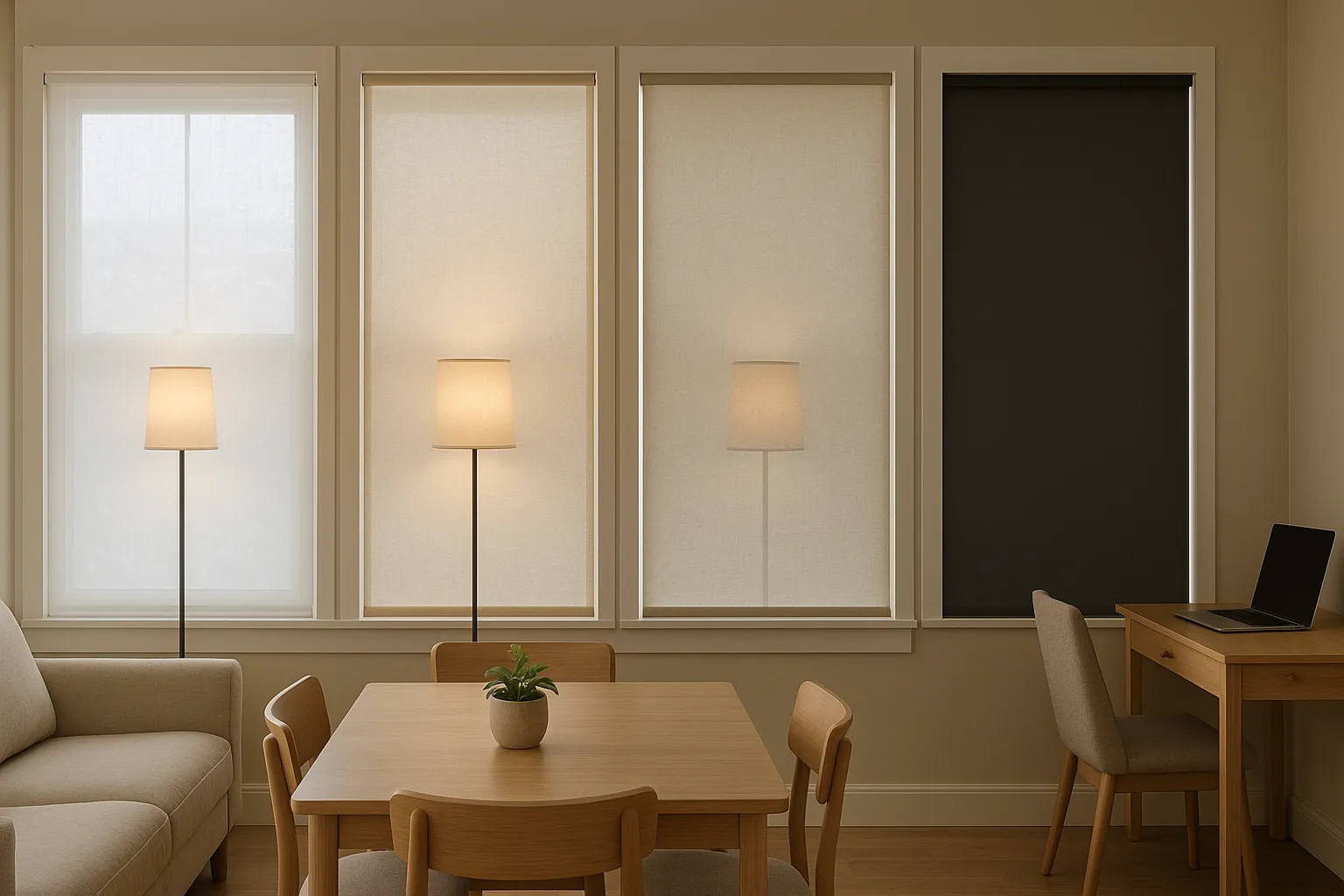 Stoffwahl für Lichtdurchlässigkeit und Sichtschutz: transparent bis verdunkelnd, preisbewusste Fensterdekoration im Wohnraum Stoffwahl und Lichtdurchlässigkeit im Wohnraum: transparent, halbtransparent, blickdicht und verdunkelnd nebeneinander, Tageslicht mit Streulicht, günstige Fensterdekoration und Sichtschutzvergleich